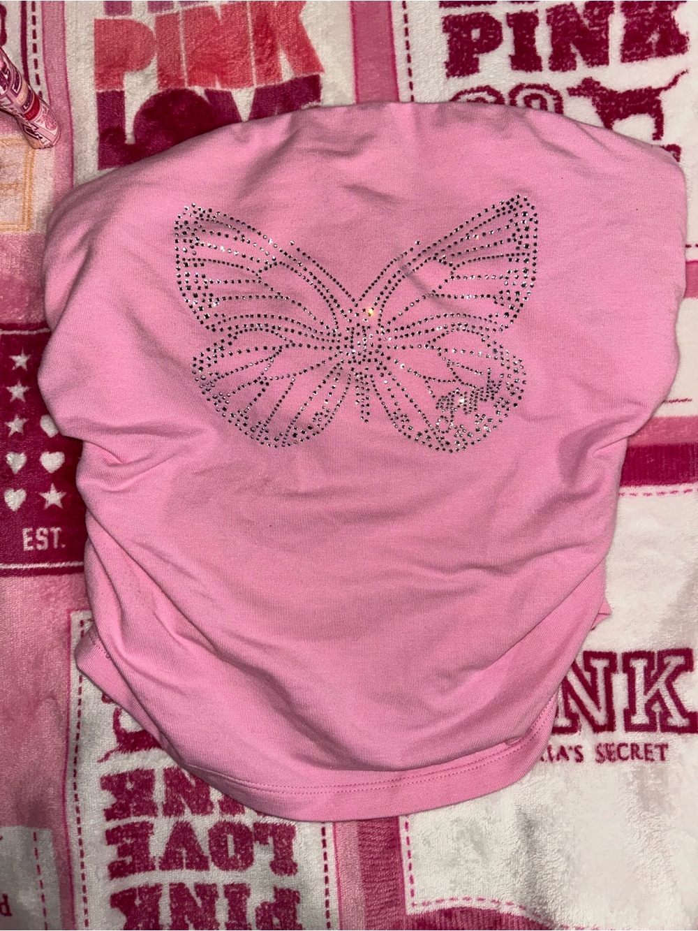 PINK Victoria's Secret cotton side-ruched tube top Pink Butterfly Bling EUC *S*